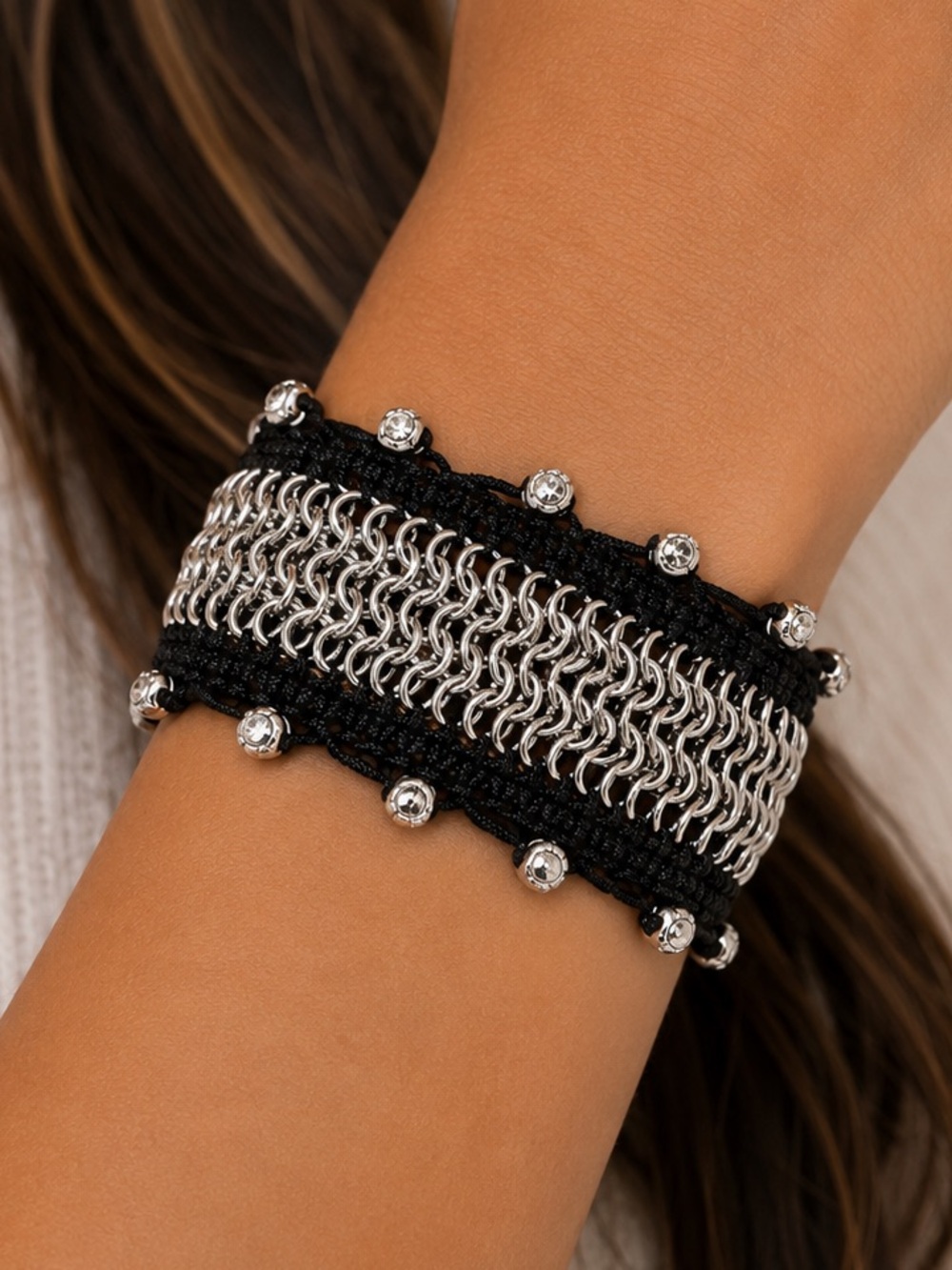 NEW - The Sak Chic Silver Chainmail & Black Cord Adjustable Trendy Bracelet